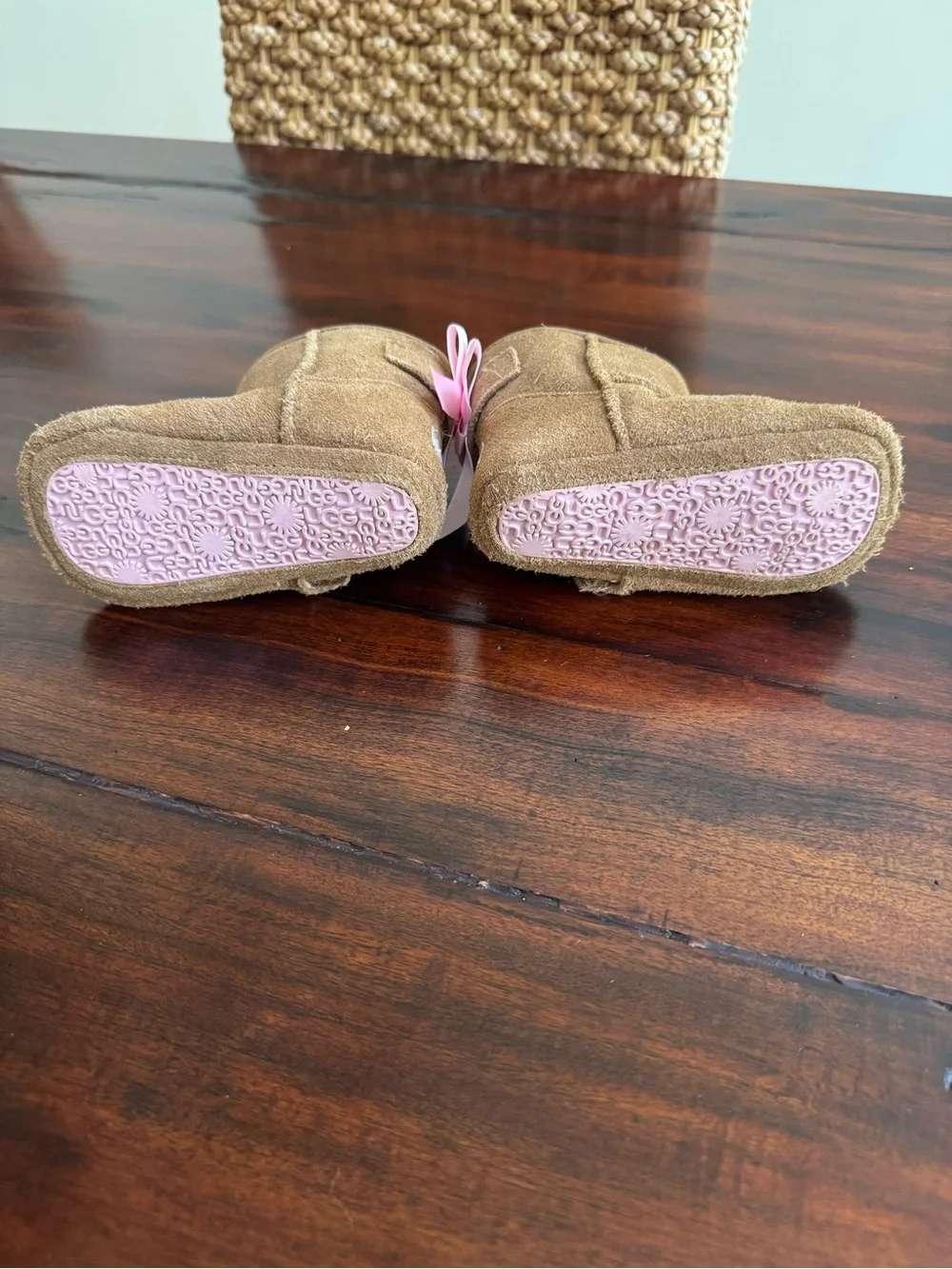 Baby Ugg boots tan with pink bow velcro closure size 4/5